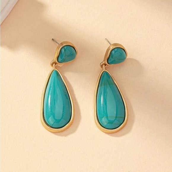 Gold Turquoise Teardrop Shaped Geometric Summer Statement Earrings - Picture 3 of 6